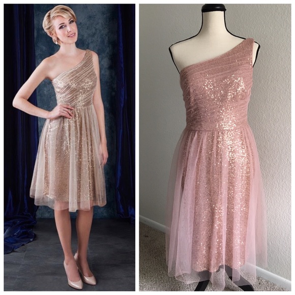 Alfred Angelo Dresses & Skirts - Rose gold sequin & tulle one shoulder dress